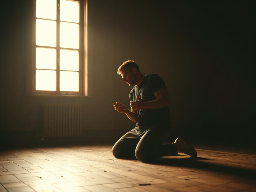 Man in prayer, hands open in surrender